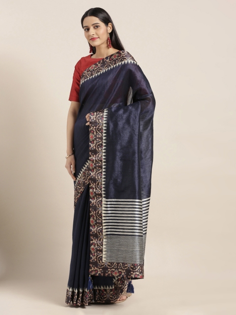 Mitera Navy Blue Solid Jute Silk Saree
