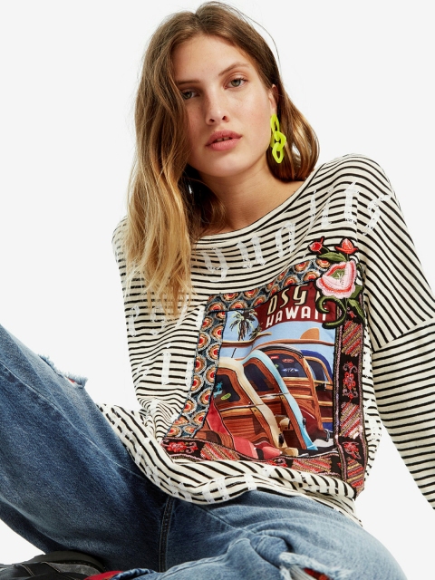 Desigual Women White Printed Round Neck T-shirt