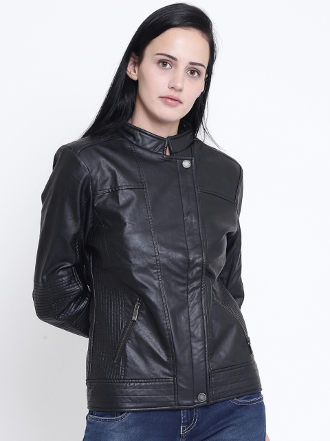 Crimsoune Club Women Black Solid Leather Biker Jacket