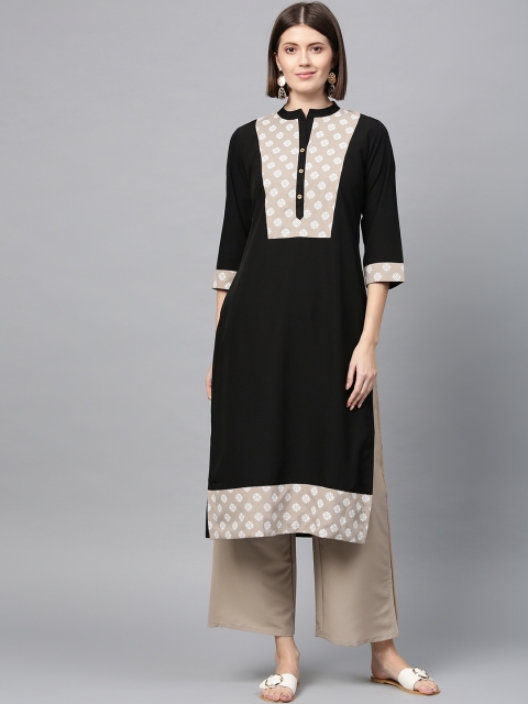 ZIYAA Women Black & Off-White Printed Straight Kurta