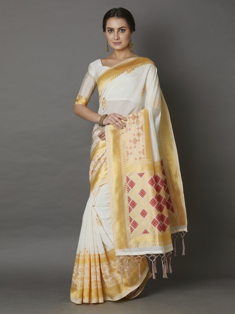 Mitera White & Red Silk Blend Woven Design Kasavu Saree