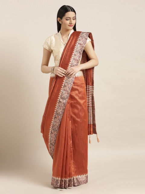 Mitera Orange Solid Jute Silk Saree