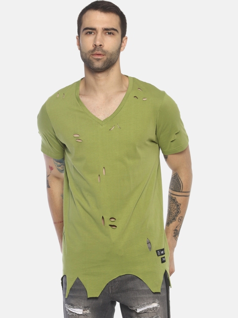 KULTPRIT Men Green Solid V-Neck Slim Fit T-shirt