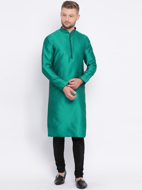Sanwara Men Green Dupion Silk Woven Design Straight Kurta