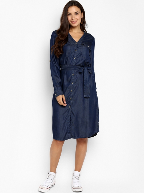 FOSH Women Solid Blue Denim Shirt Dress