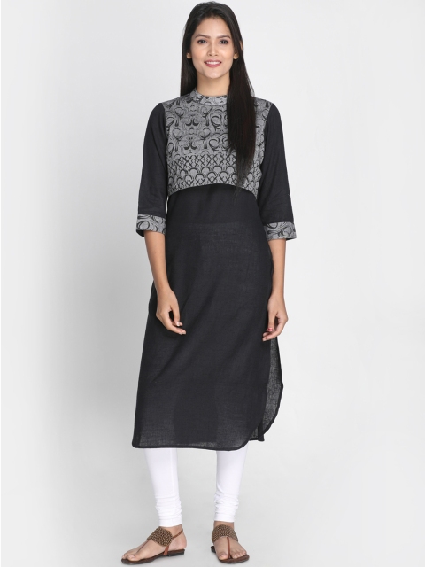 Nakshi Women Black & Grey Yoke Design Handloom Straight Kurta