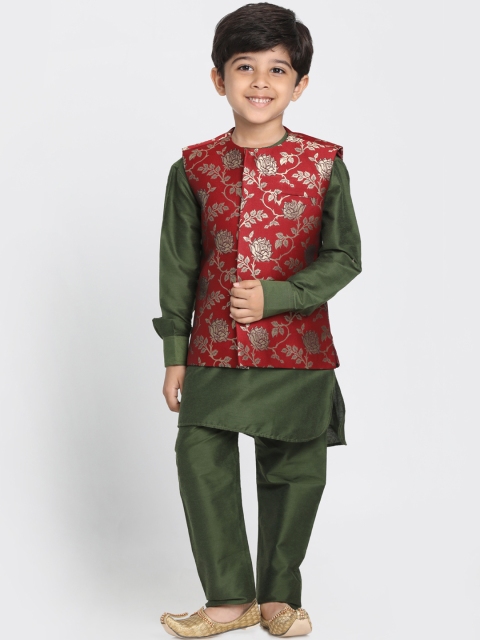 JBN Creation Boys Red & Green Solid Kurta with Pyjamas & Waistcoat