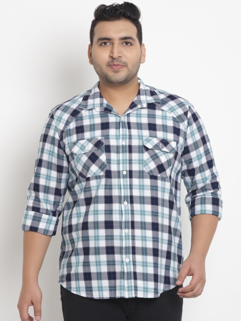 John Pride Plus Size Men White Green Regular Fit Checked Casual Shirt