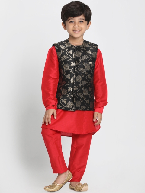 JBN Creation Boys Red & Black Solid Kurta with Pyjamas & Waistcoat