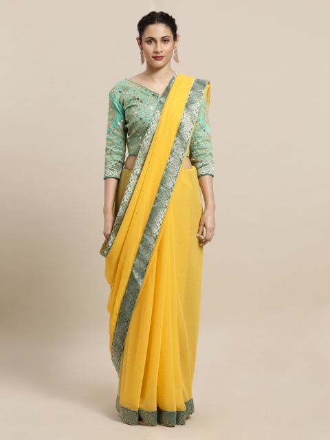 Mitera Yellow & Green Poly Chiffon Embellished Saree