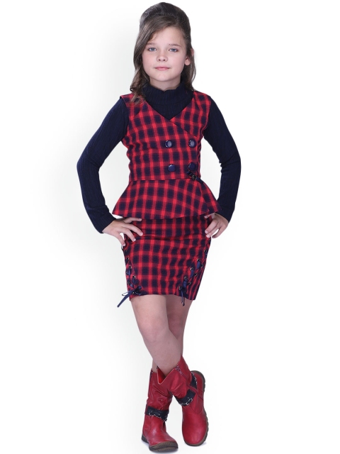CUTECUMBER Girls Navy Blue & Red Checked Suede Top with Skirt