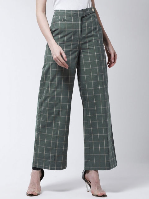 MAGRE Women Green & Off-White Loose Fit Checked Parallel Trousers