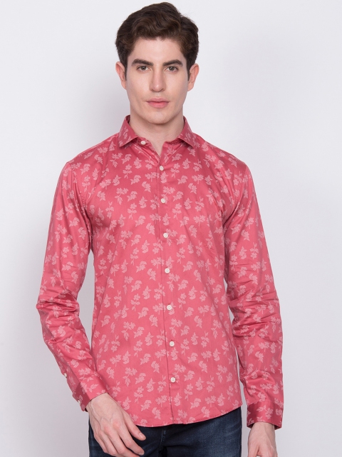 LINDBERGH Men Coral Pink & White Slim Fit Printed Casual Shirt