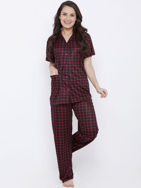 Pretty Awesome Women Black & Red Checked Night suit