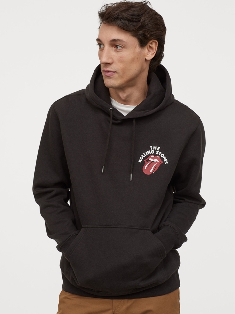 H&M Men Black Printed Hooded Top