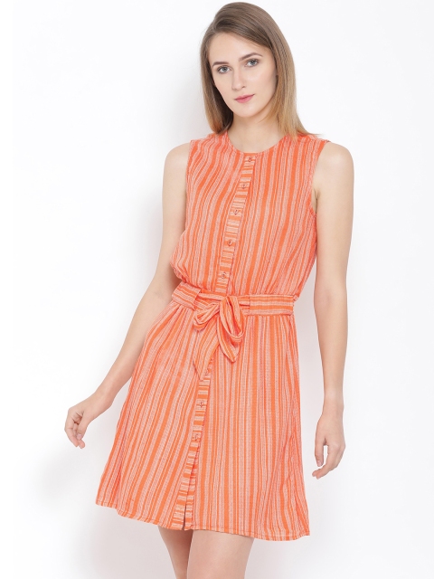 SQew Women Orange Striped Fit and Flare Dress