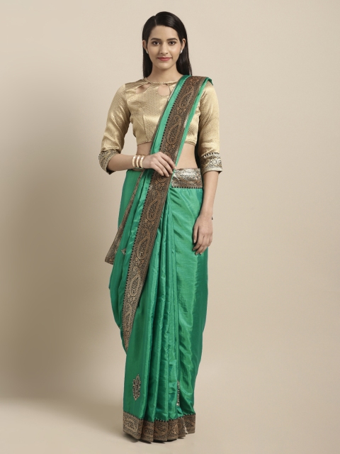 Mitera Green & Gold-Toned Poly Silk Embroidered Saree