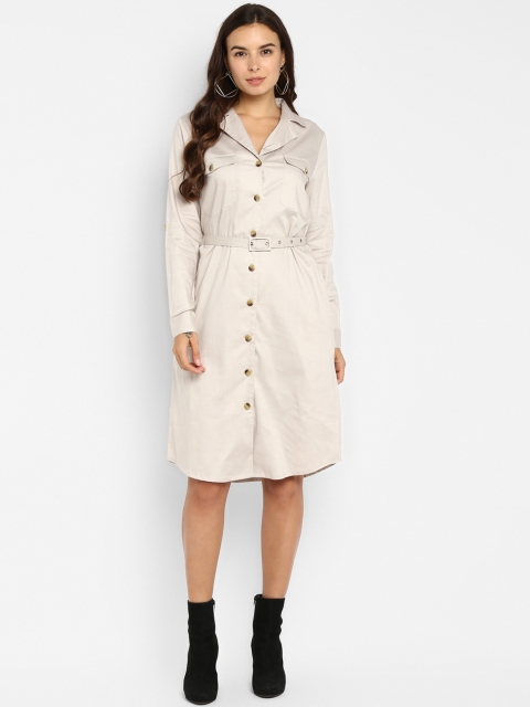 FOSH Women Cream-Coloured Solid Shirt Dress