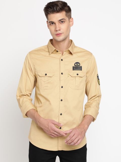 TED HARBOR Men Beige Slim Fit Solid Casual Shirt