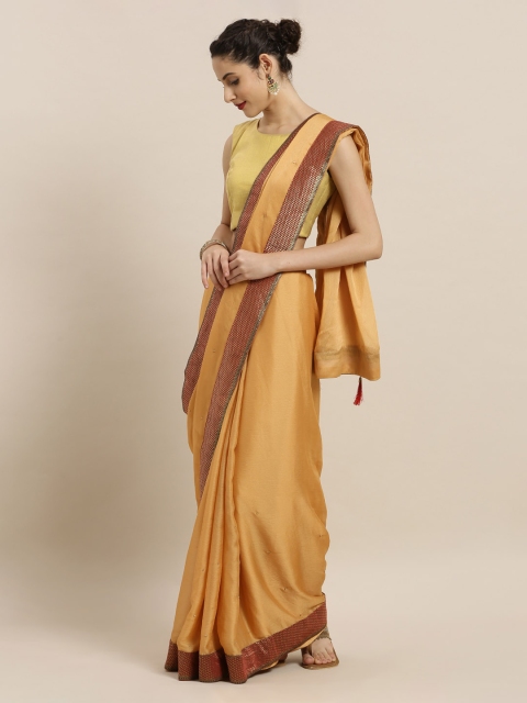Mitera Yellow & Beige Poly Chiffon Embellished Saree