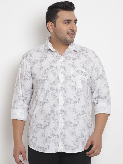 John Pride Plus Size Men White Grey Regular Fit Floral Printed Casual Shirt