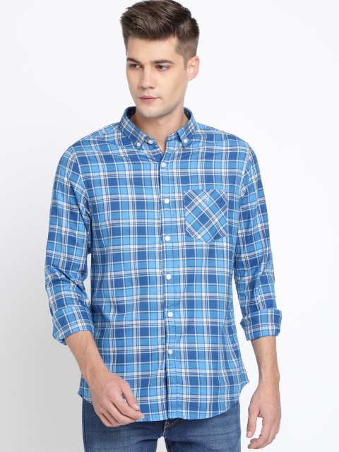 TED HARBOR Men Blue & White Slim Fit Checked Casual Shirt