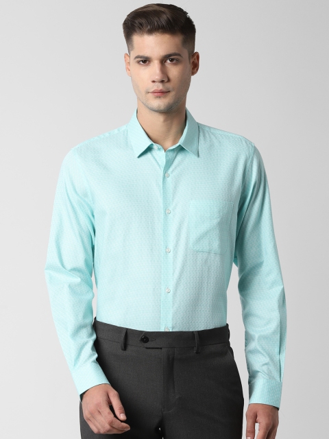 Peter England Men Turquoise Blue Self Design Regular Fit Formal Shirt