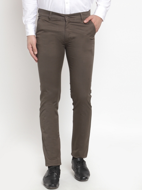 Hancock Men Olive Brown Slim Fit Solid Formal Trousers