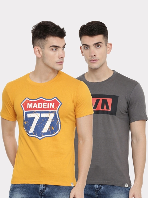 Joven Men Pack of 2 Printed Round Neck T-shirt, Mustard