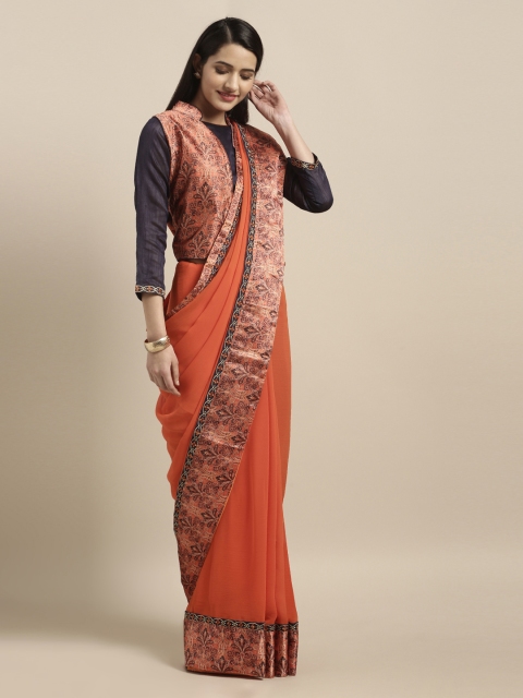 Mitera Orange & Navy Blue Poly Chiffon Solid Saree
