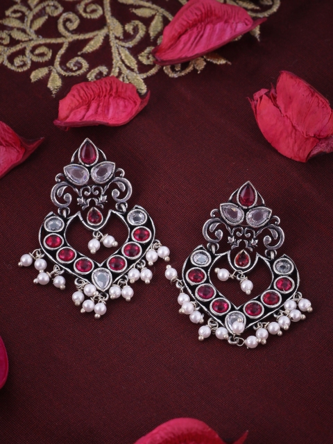 Voylla Silver-Plated Oxidised Red Drop Earrings