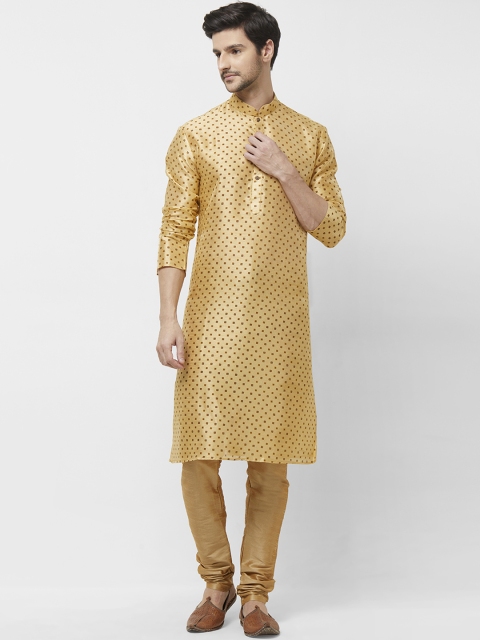 irin Men Gold-Coloured & Maroon Printed Kurta with Churidar