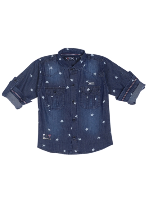 Noddy Boys Blue Regular Fit Printed Denim Casual Shirt