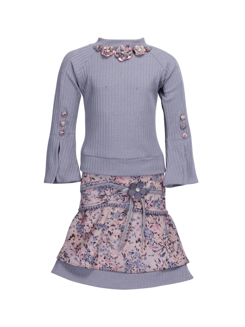 CUTECUMBER Girls Grey & Pink Embellished Top with Skirt