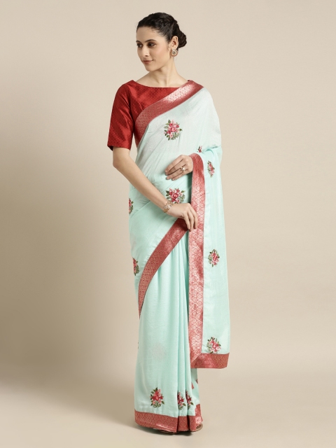 Mitera Turquoise Blue & Red Jute Silk Embroidered Saree