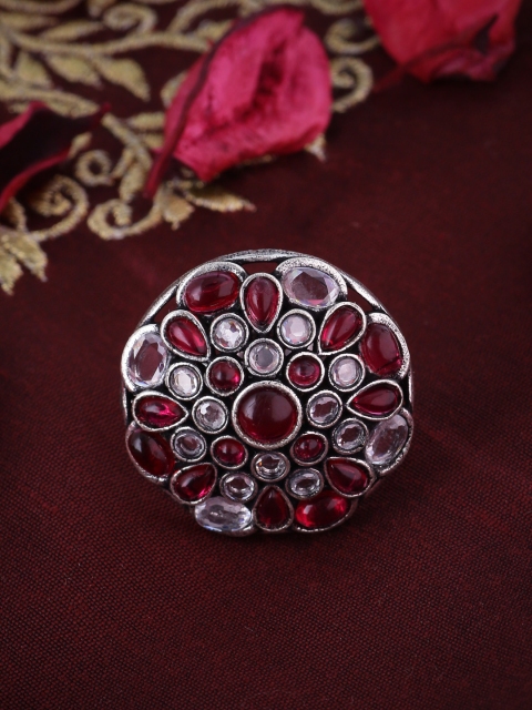 Voylla Women Silver-Plated & Red Stone-Studded Oxidised Handcrafted Ring