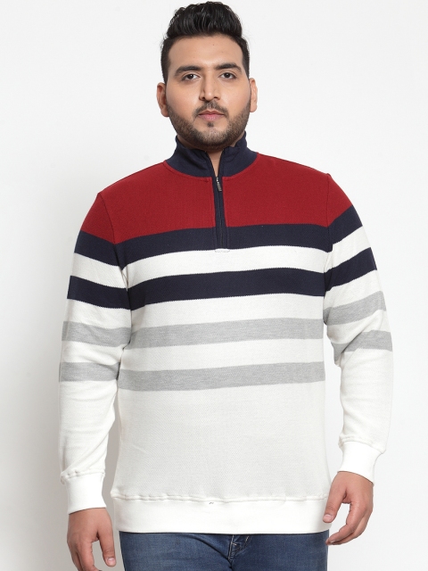 plusS Men White & Red Striped Sweatshirt