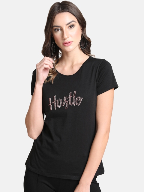 Kazo Women Black Embellished Round Neck T-shirt