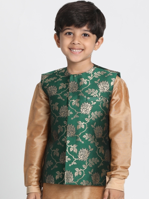 JBN Creation Boys Green & Silver Woven Design Nehru Jacket