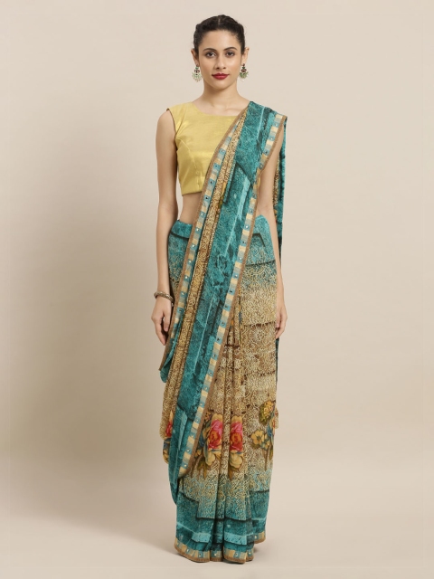Mitera Beige & Blue Poly Georgette Printed Saree