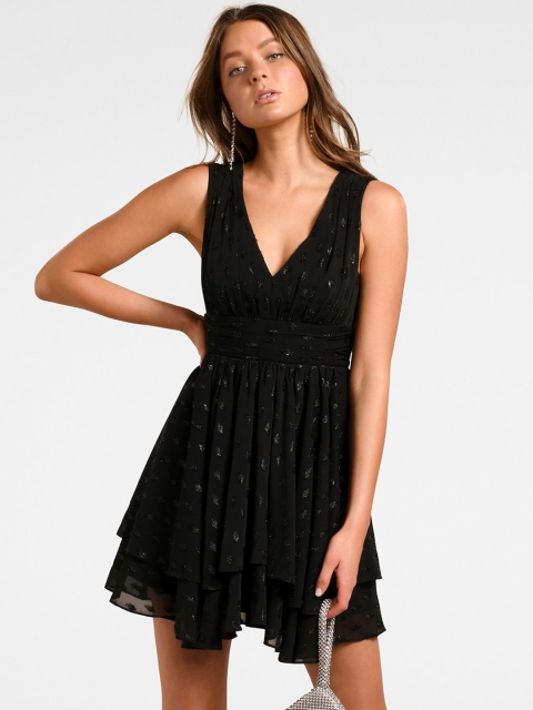 Forever New Women Black Self Design Fit and Flare Dress