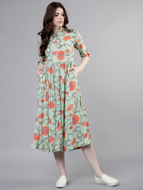 Vishudh Women Printed Green A-Line Dress