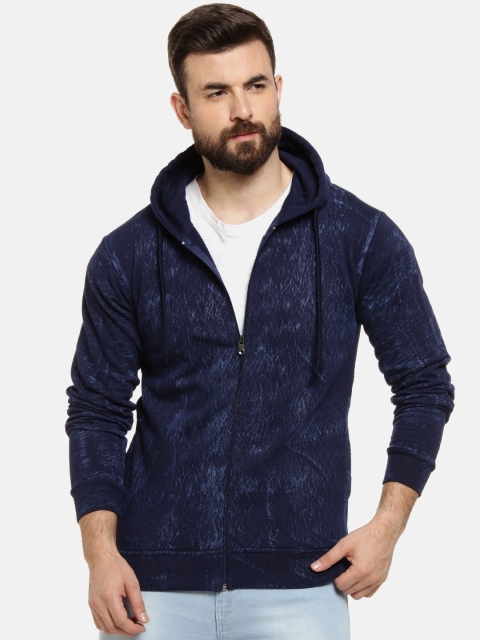 Campus Sutra Men Navy Blue Printed Hooded Front-Open Sweatshirt