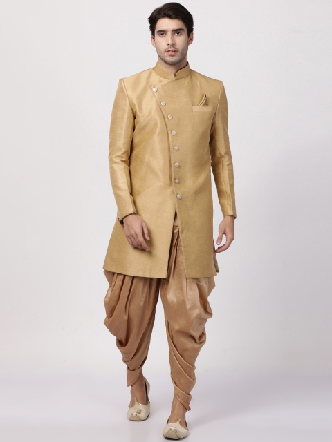 VASTRAMAY Men Gold-Toned Solid Sherwani With Dhoti Pant Set