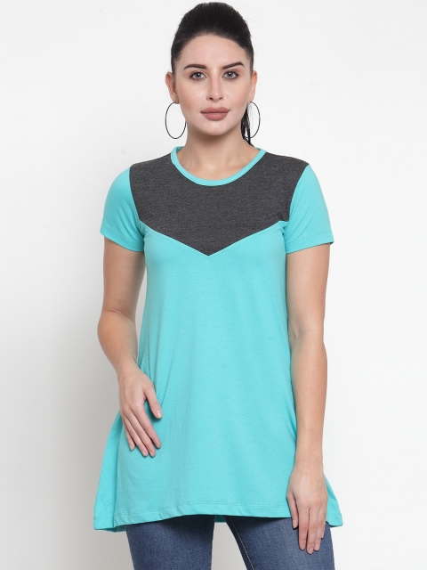 Kalt Women Turquoise Blue & Grey Melange Colourblocked Round Neck Longline T-shirt