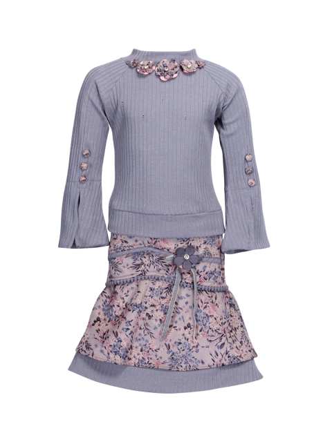 CUTECUMBER Girls Grey & Pink Embellished Top with Skirt