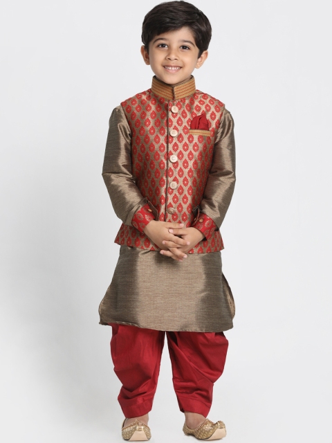 VASTRAMAY Boys Bronze-Coloured & Red Self Design Kurta with Dhoti Pants & Nehru Jacket
