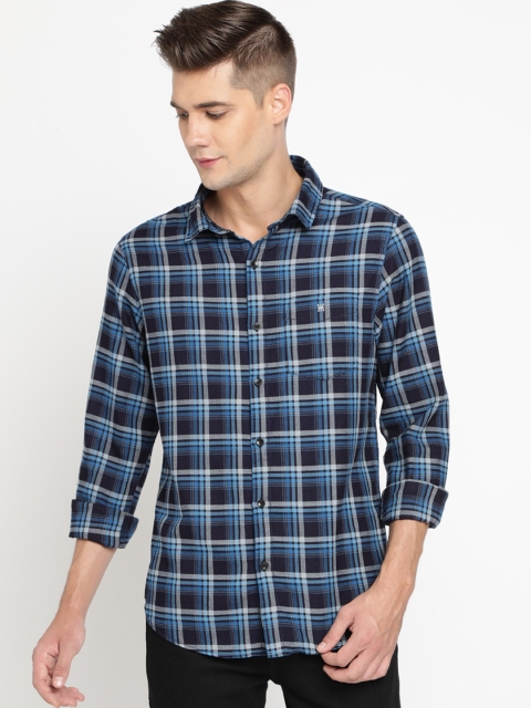 TED HARBOR Men Blue & White Slim Fit Checked Casual Shirt