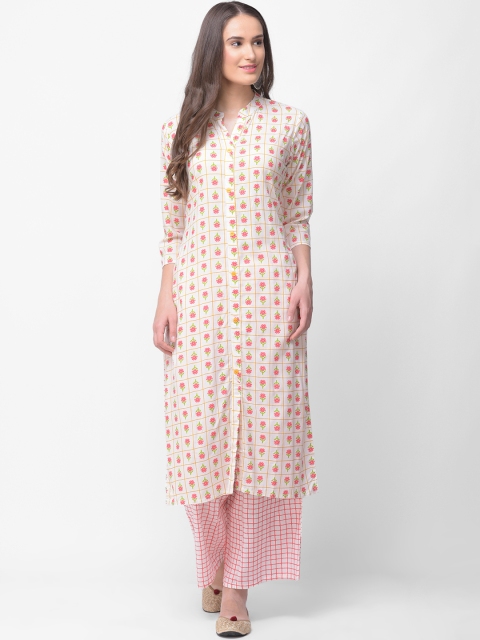 aayusika Women Pink & White Printed Kurta with Palazzos