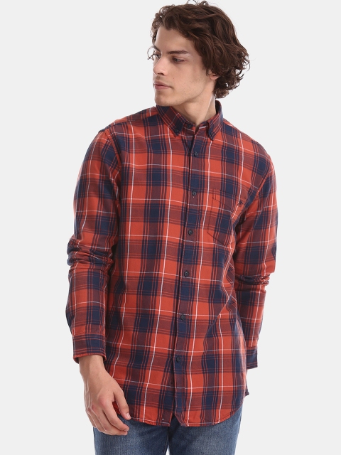 Aeropostale Men Orange & Navy Blue Regular Fit Checked Casual Shirt